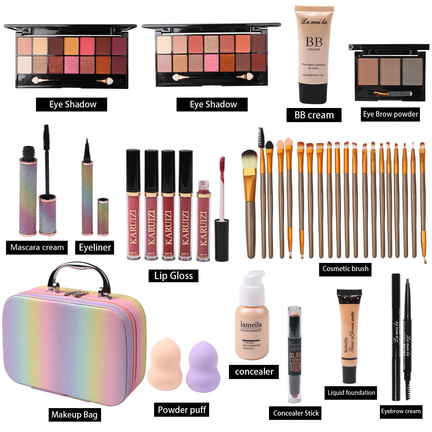 KARUIZI makeup palette with neutral, vibrant and shimmer shades.