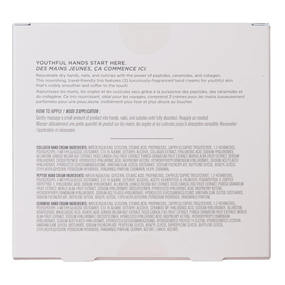 Karuna Age-Defying Hand Cream Trio back view shows scent options and daily nourishment.