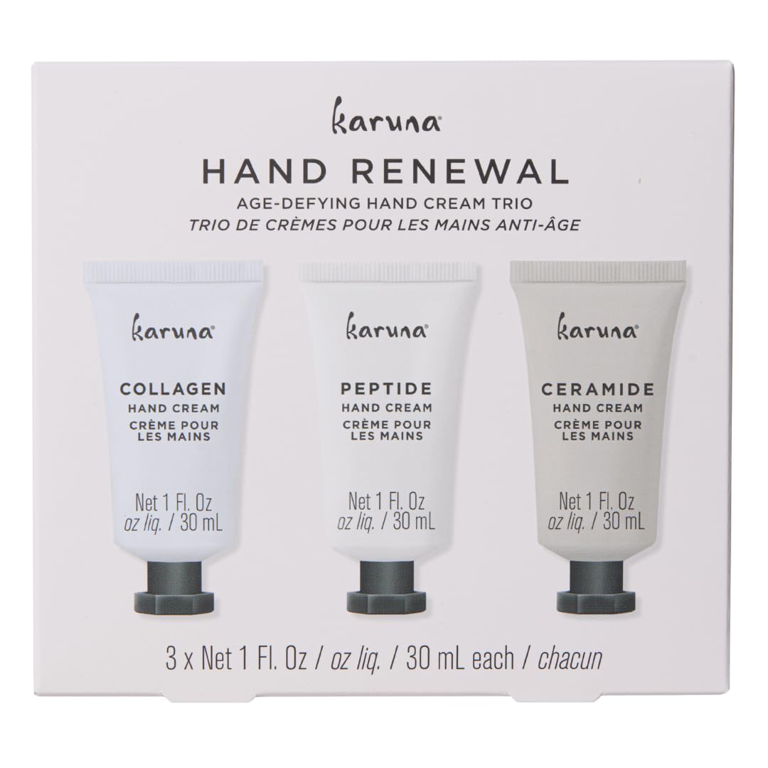 Karuna Age-Defying Hand Cream Trio pack-front view for travel hydration and soft hands.