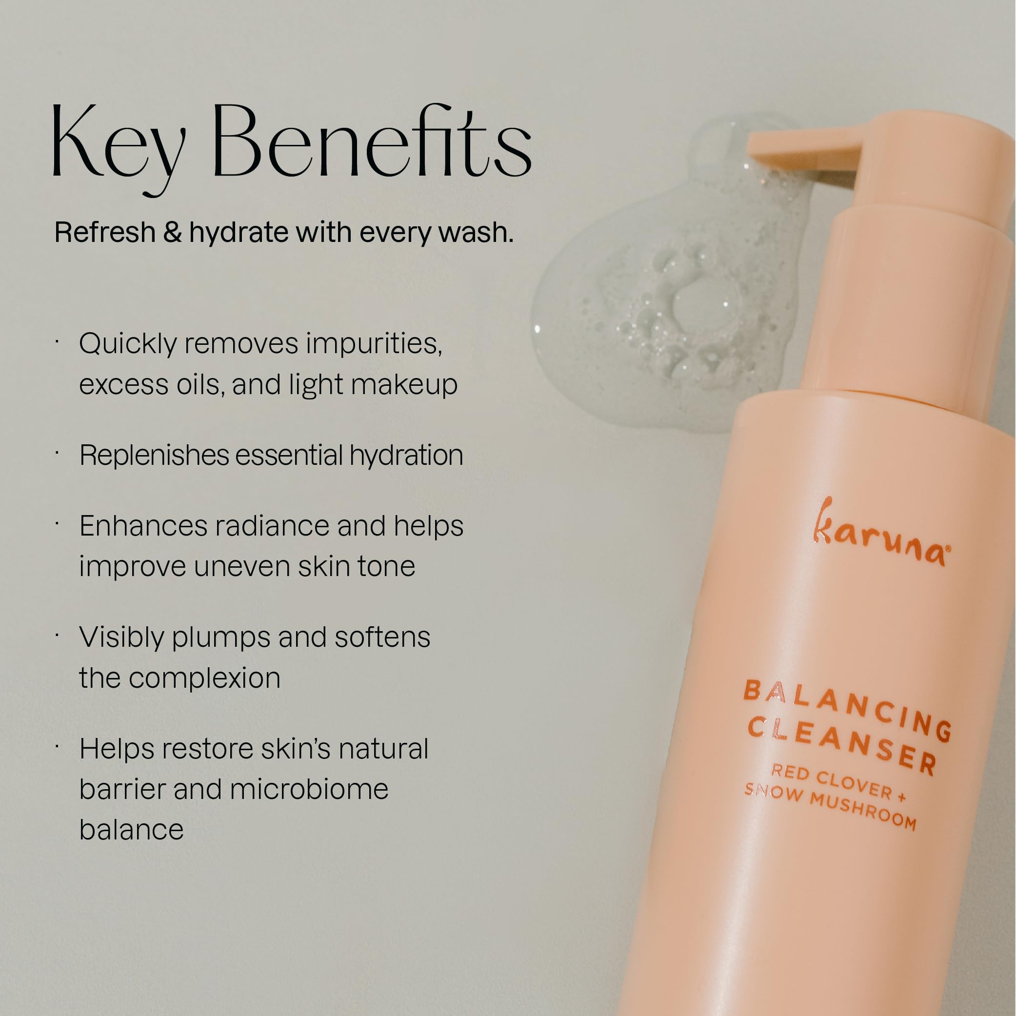 Karuna Balancing Facial Gel Cleanser snow mushroom graphic for light hydration.