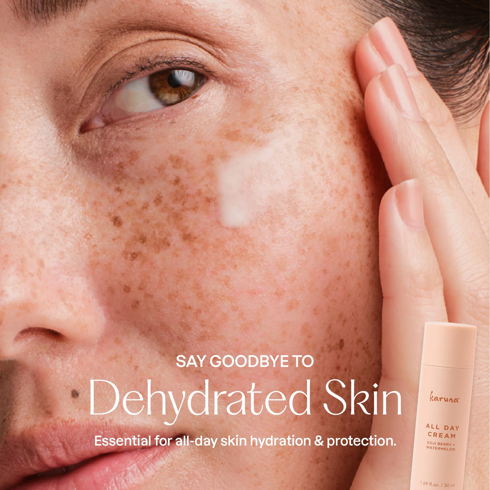 Karuna gel cream applied to skin for dewy, fresh finish