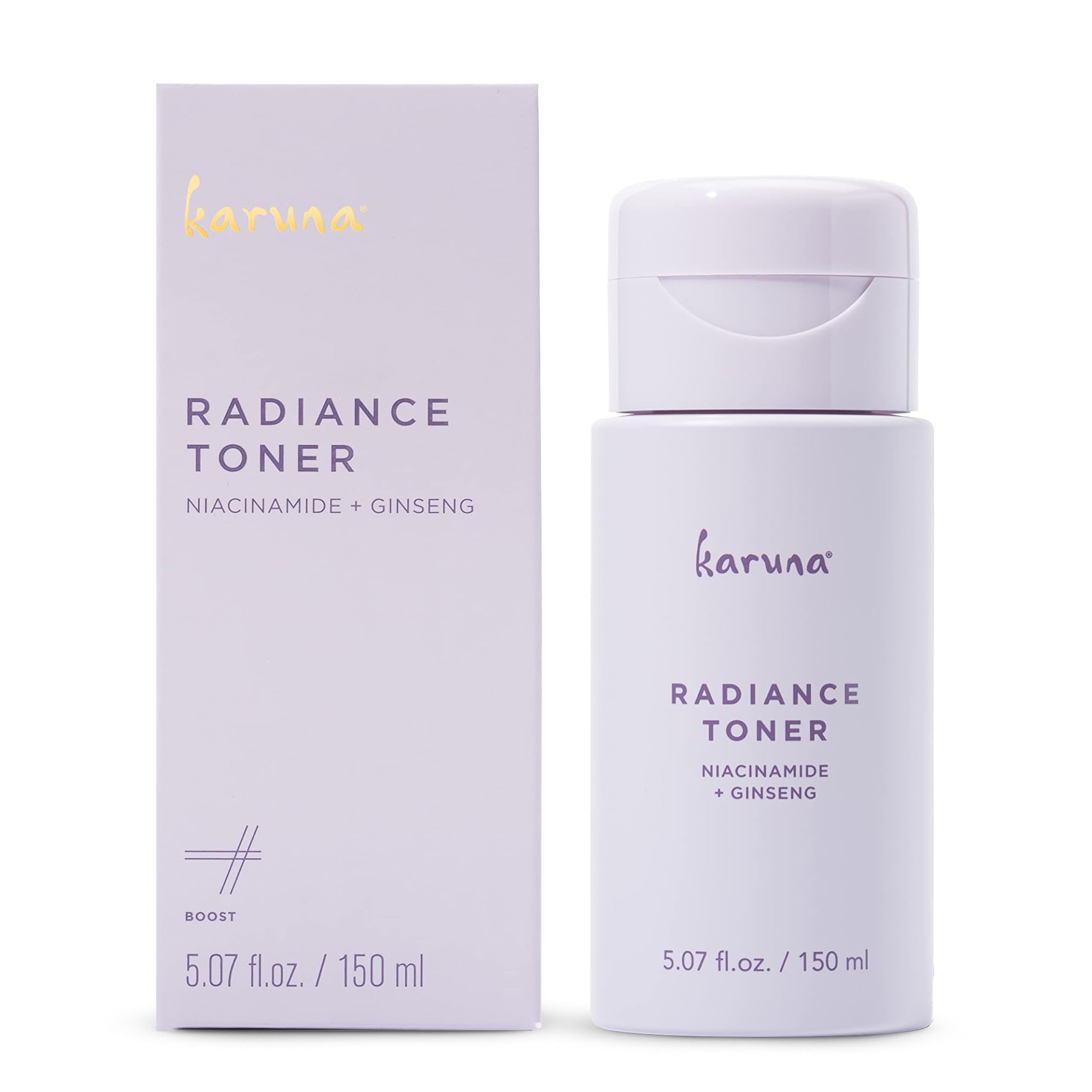 Karuna Hydrating Face Toner bottle closeup showing a pore-minimizing ritual.