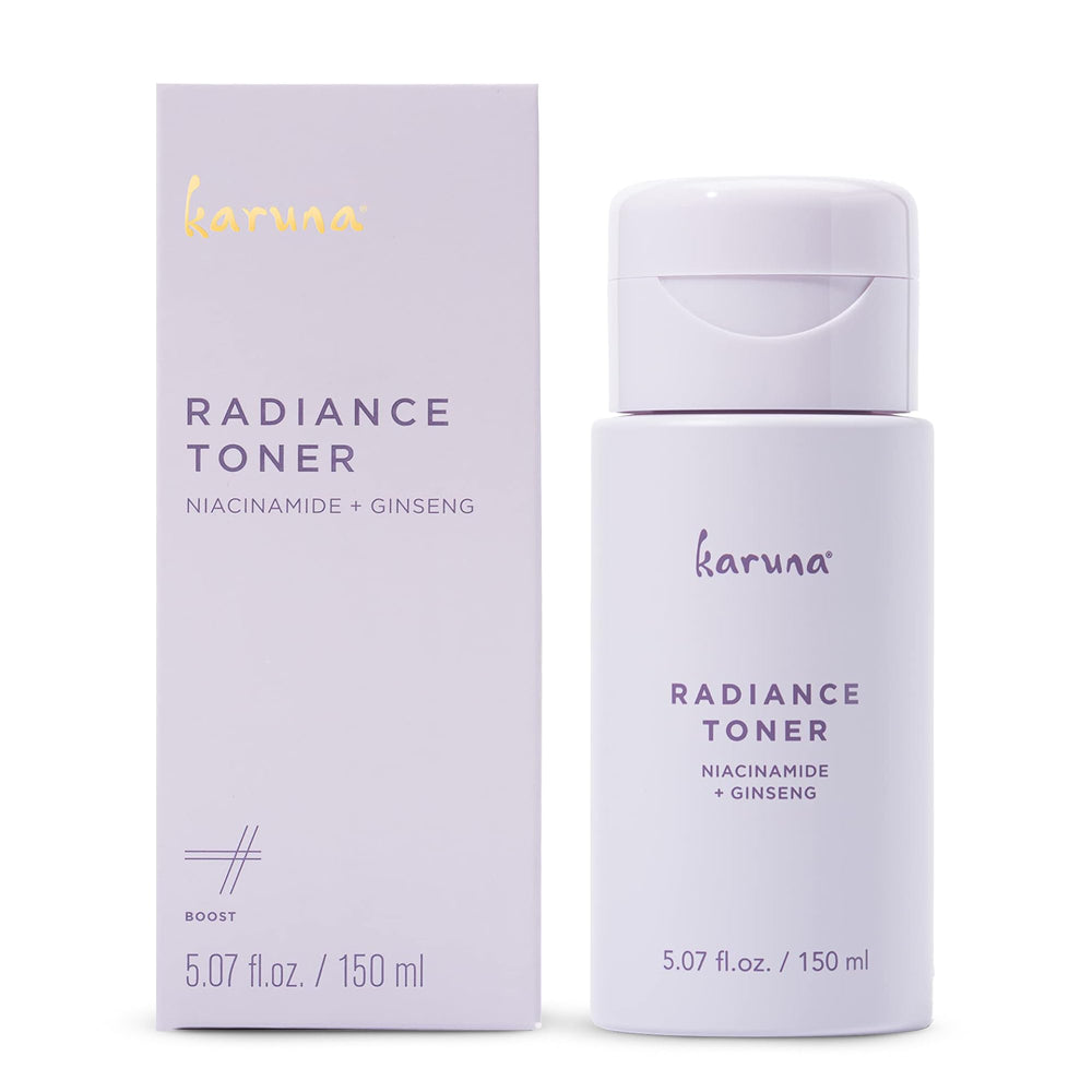 Karuna Hydrating Face Toner bottle closeup showing a pore-minimizing ritual.