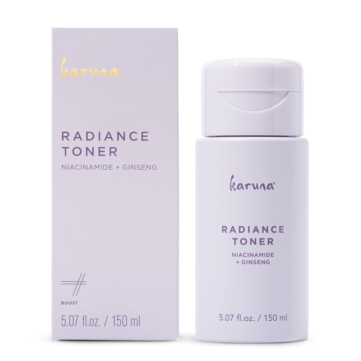 Karuna Hydrating Face Toner bottle closeup showing a pore-minimizing ritual.