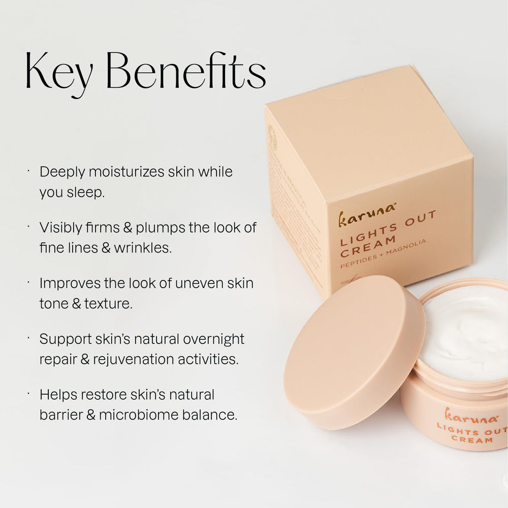 Karuna Lights Out Cream in a nighttime routine scene suggests soothing use before sleep.