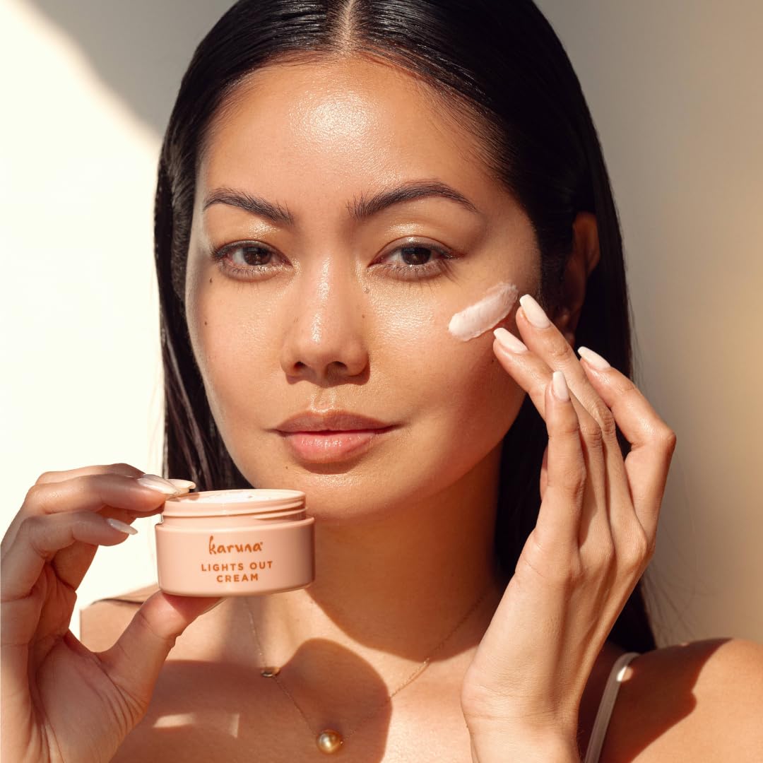 Karuna Lights Out Cream magnolia fruit extract imagery highlights barrier nourishment.