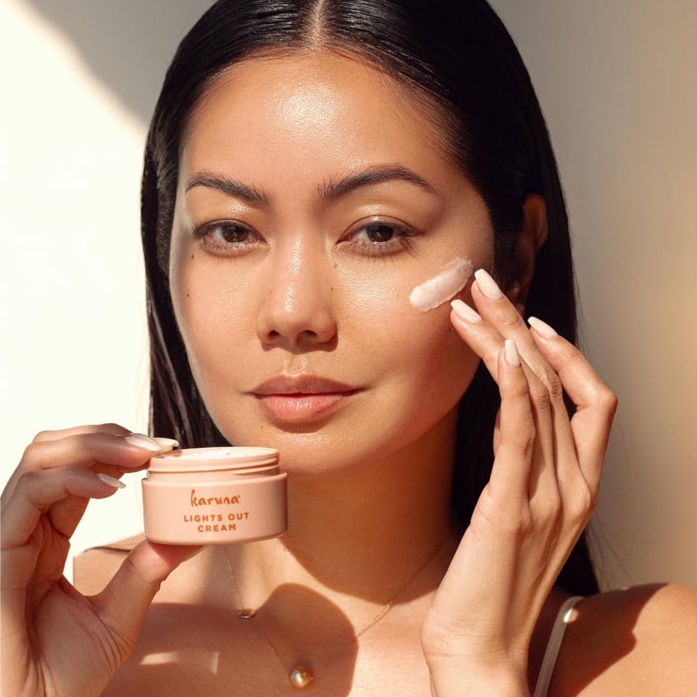 Karuna Lights Out Cream magnolia fruit extract imagery highlights barrier nourishment.