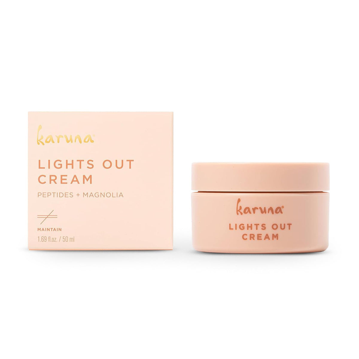 Karuna Lights Out Cream bottle on nightstand promotes overnight hydration and balance.