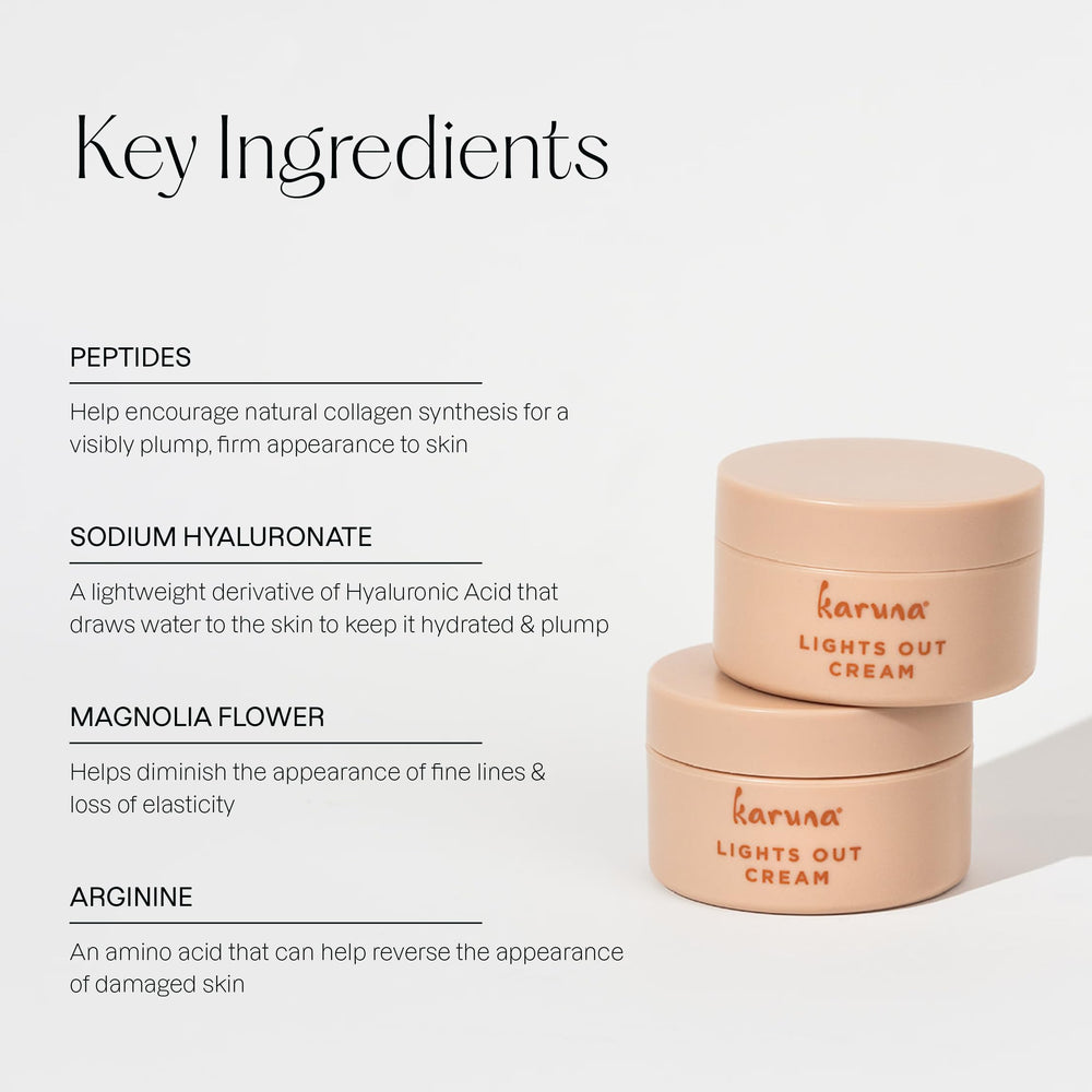 Karuna Lights Out Cream peptide-hyaluronic close-up emphasizes potential plump, firm look.