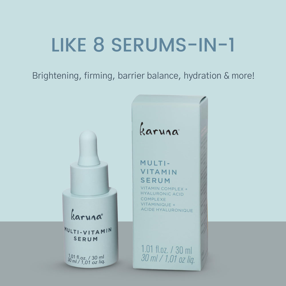Karuna multi-vitamin night serum bottle suggests overnight nourishment for refreshed skin.