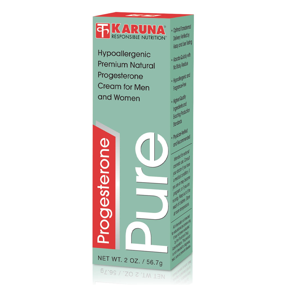 Karuna Progesterone Pure 2OZ bottle front showing hypoallergenic formula for daily balance