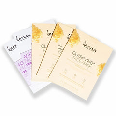 Karuna Skin age-defying mask packaging closeup highlighting antioxidant-rich formula for hydration.