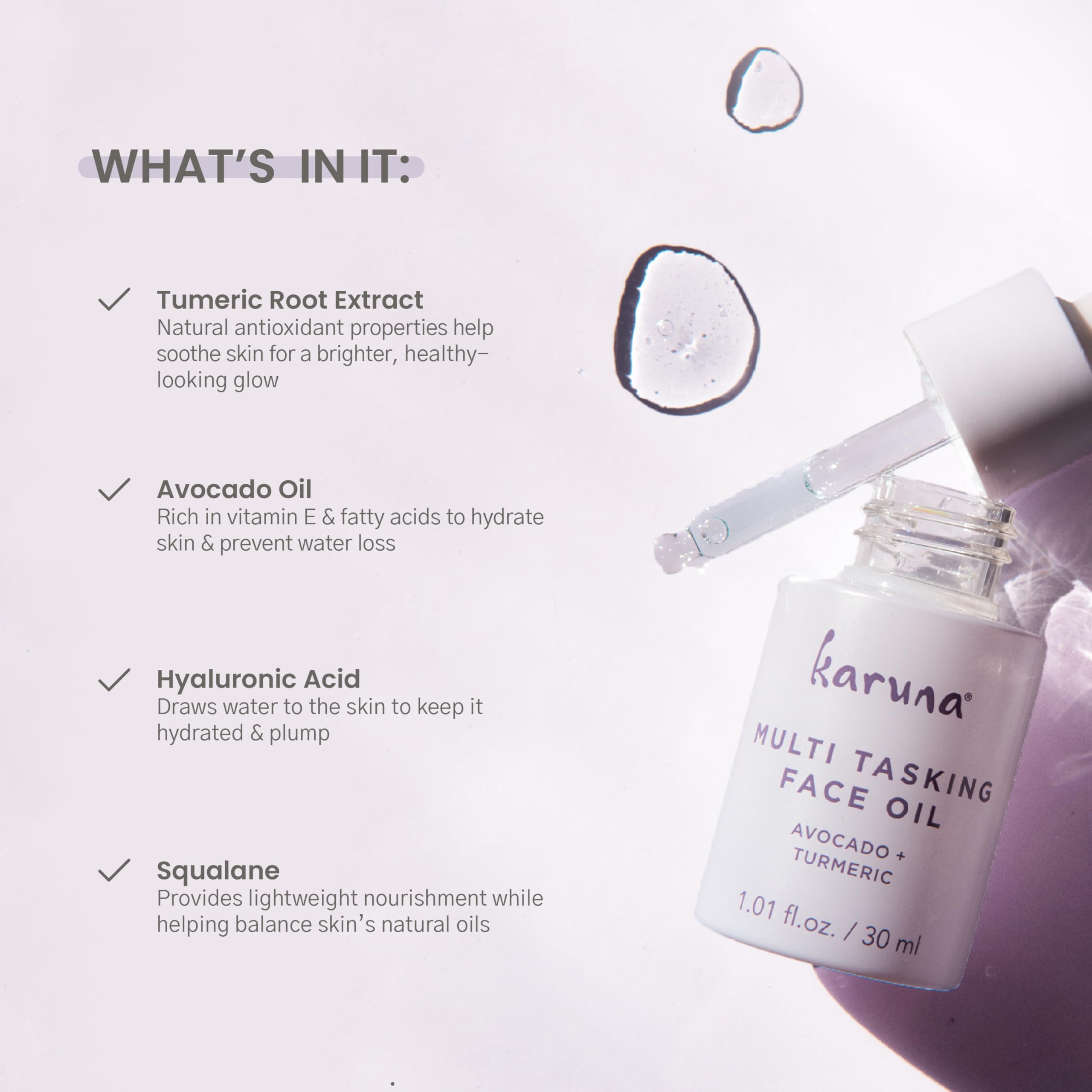 Karuna Skin Multi Tasking Face Oil application on face demonstrates lightweight nourishment
