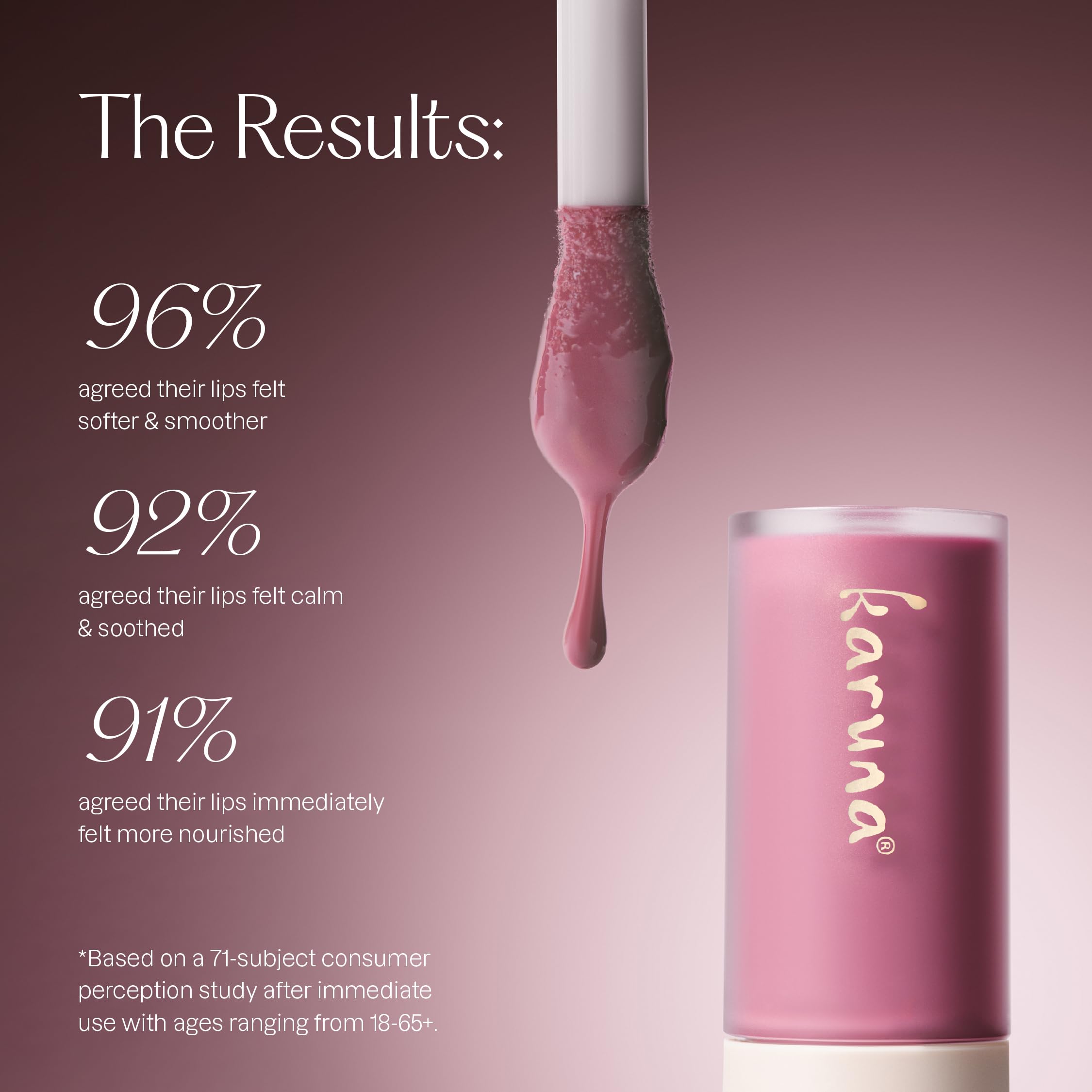 Karuna Meadowfoam hydration close-up emphasizes smooth, non-greasy lip feel.