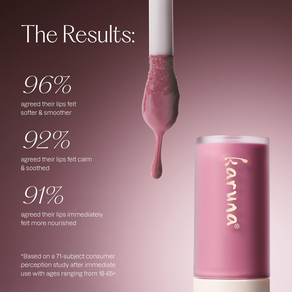 Karuna Meadowfoam hydration close-up emphasizes smooth, non-greasy lip feel.