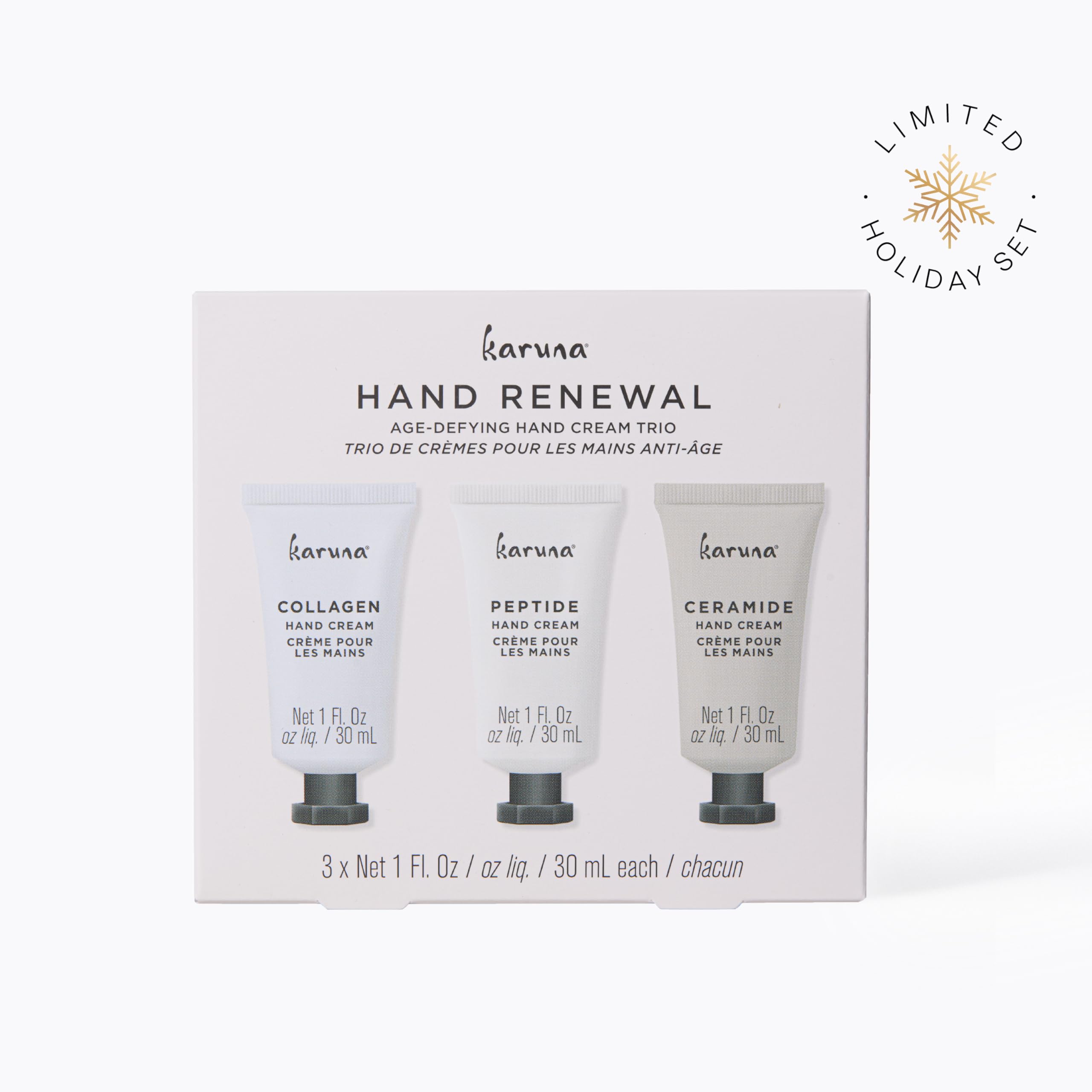 Karuna Warm Vanilla Cashmere hand cream squeeze-bottle close-up provides quick hydration.