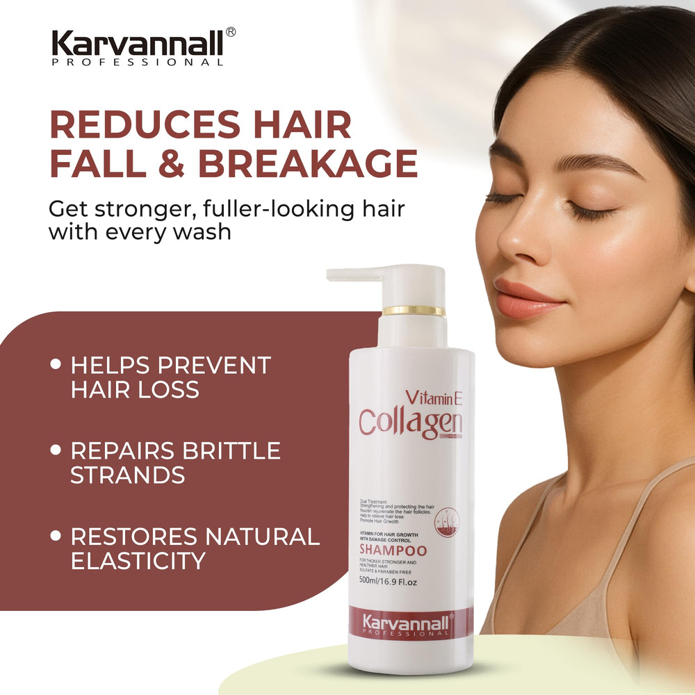 Karvannall Vitamin E and Collagen Shampoo label closeup emphasizes nourishing ingredients