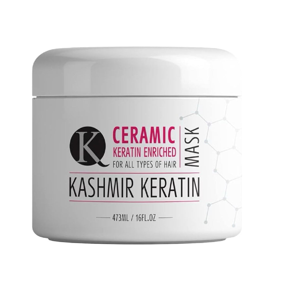 Kashmir Keratin Ceramic Hair Mask bottle pour showing rich conditioning for frizz control