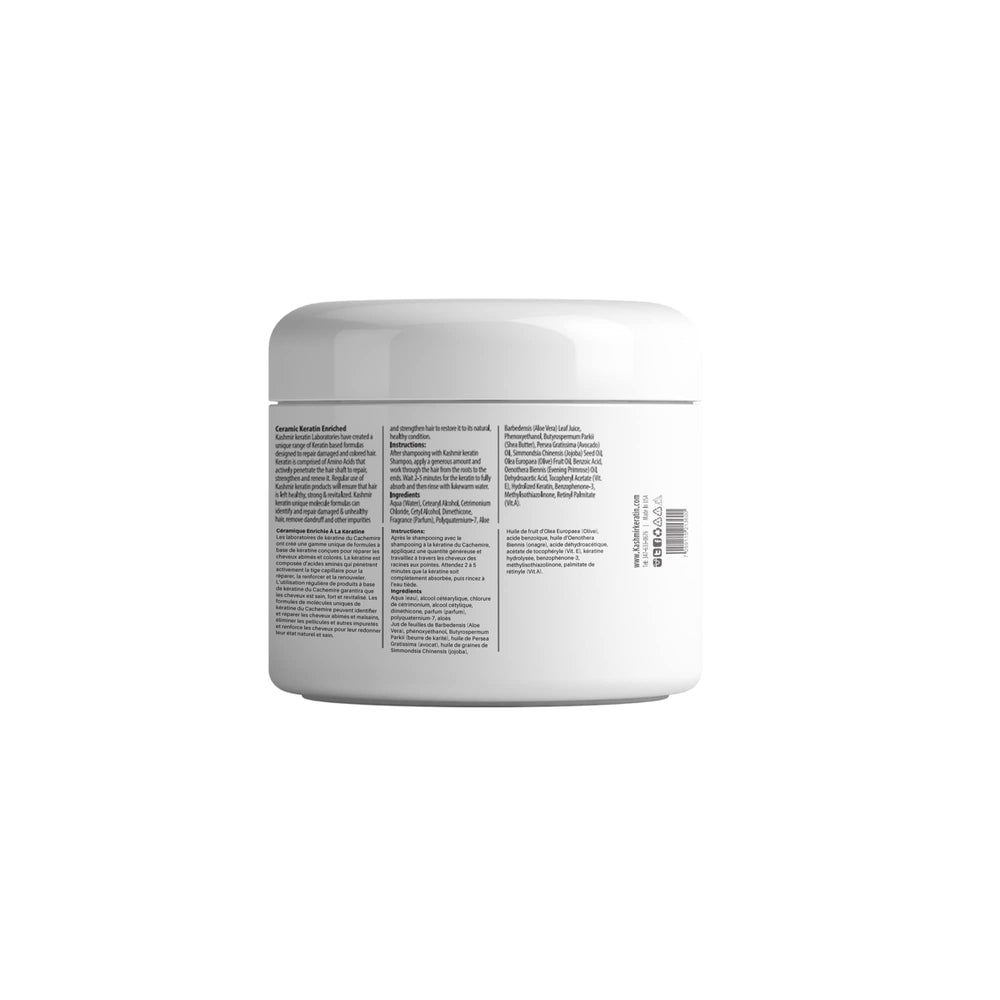 Kashmir Keratin Ceramic Hair Mask bottle with glow reflects hydrated, frizz-free results