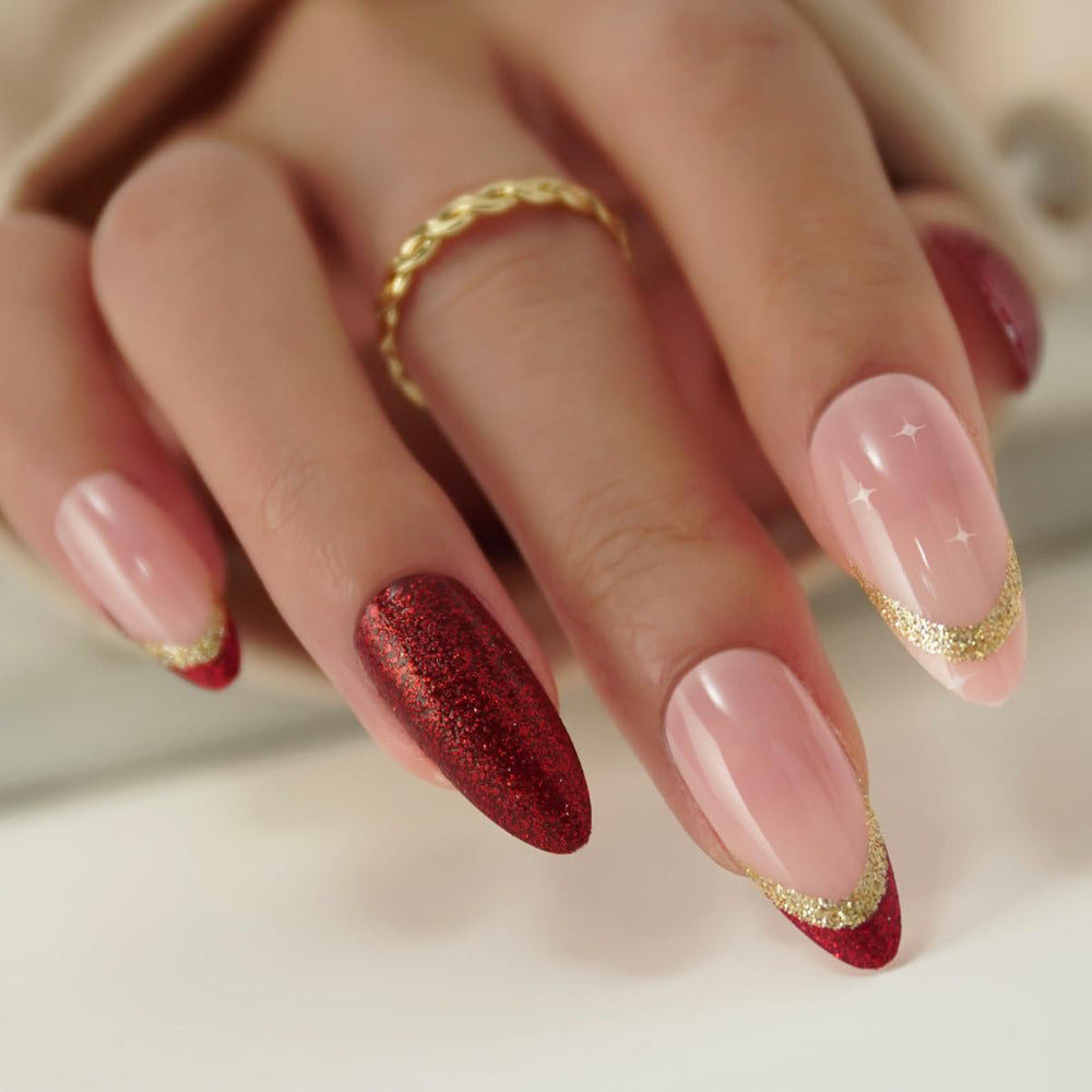 KASOICRA red French tip nails with gold glitter for party style.