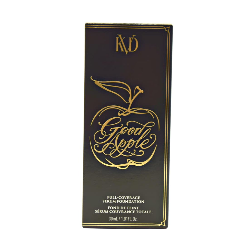 Kat Von D Good Apple swatches show Light 018 blending into skin for natural coverage.