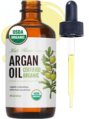 Kate Blanc Argan Oil bottle label showing 100% pure organic formula for daily use.