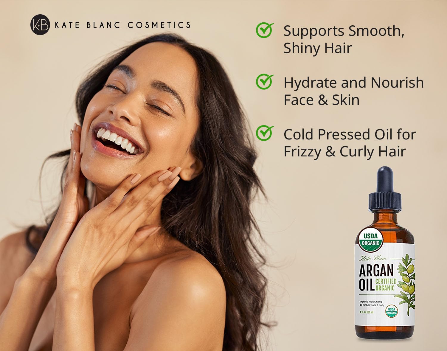 Kate Blanc Argan Oil dropper pouring for precise application.