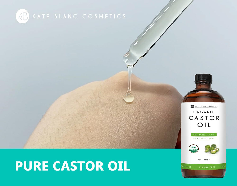 Kate Blanc Castor Oil for lashes and brows, helping appear fuller and defined.