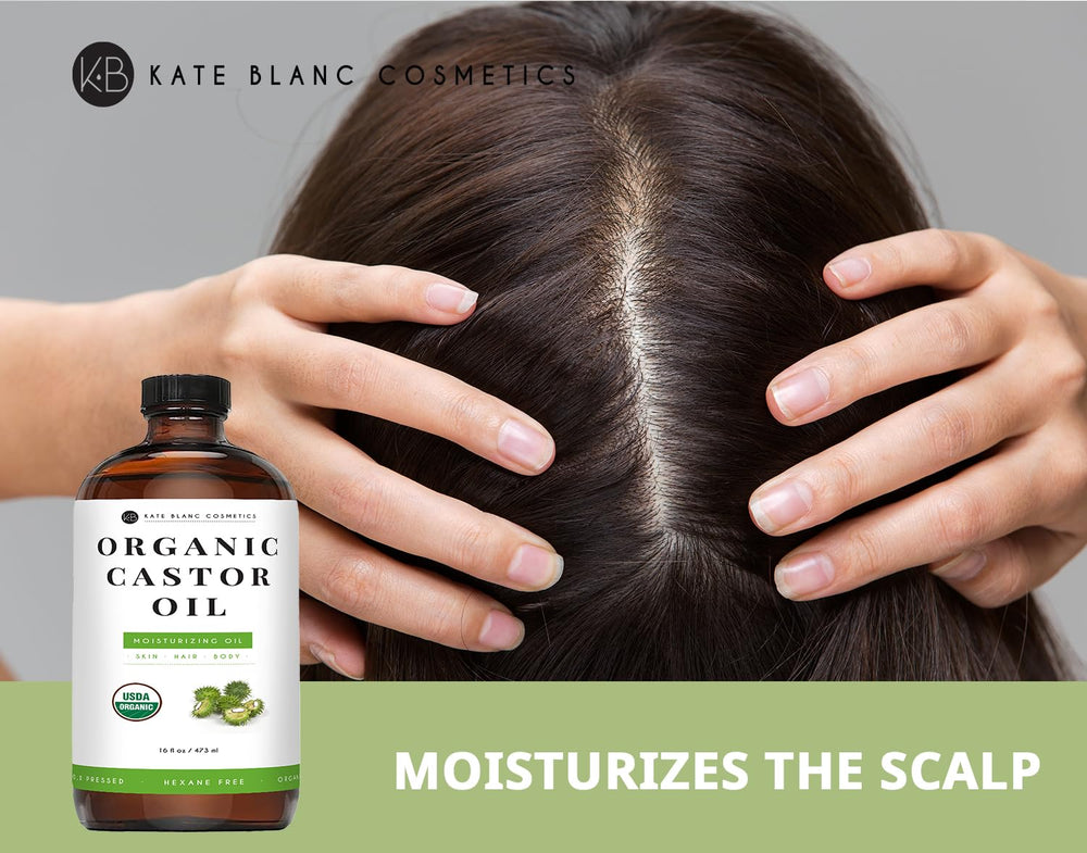Kate Blanc Castor Oil for hair and scalp, promoting shine and healthier-looking strands.