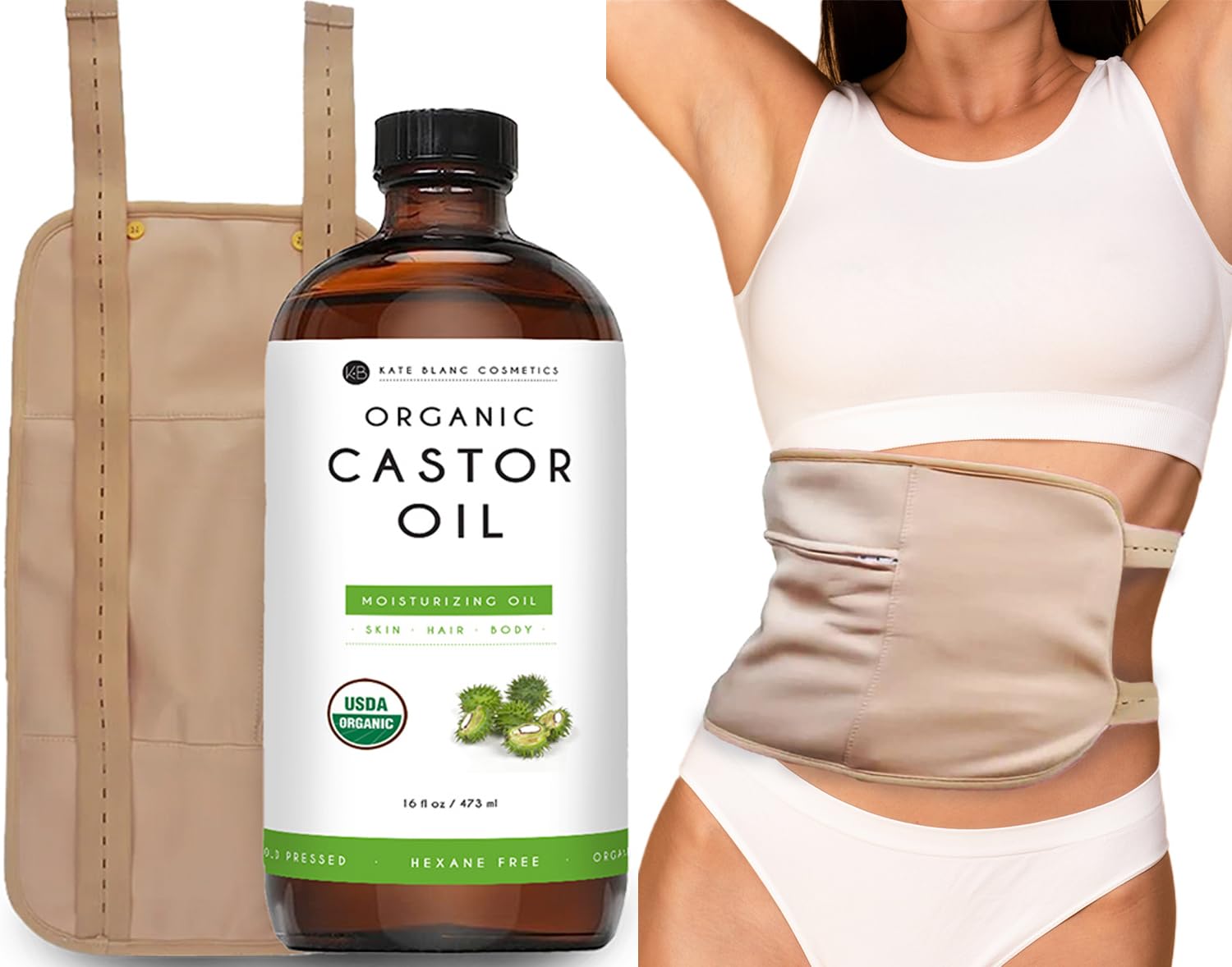 Kate Blanc Castor Oil Pack Wrap on stomach provides moisturized, mess-free application.