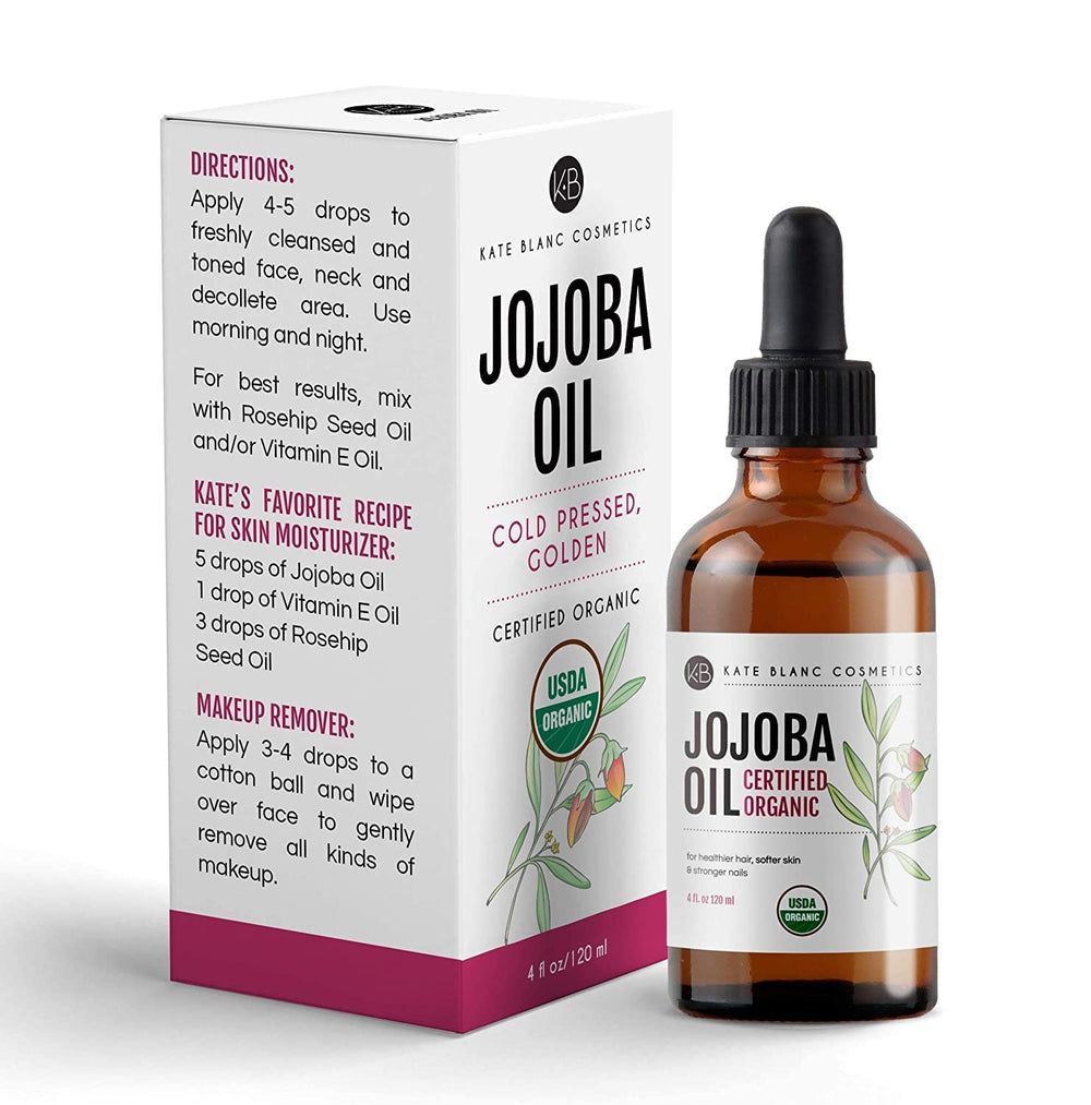 Kate Blanc Jojoba Oil packaging emphasizes organic and vegan credentials