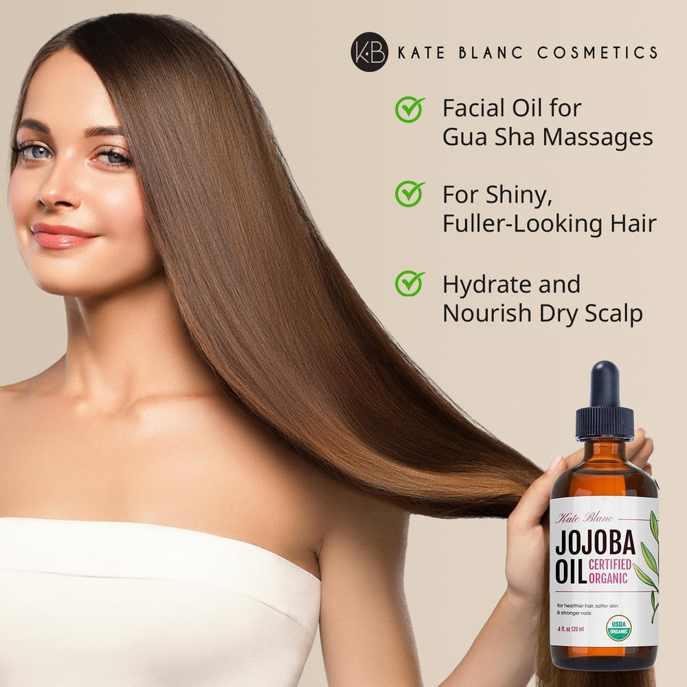 Kate Blanc Jojoba Oil bottle close-up highlights lightweight hydration for dry hair
