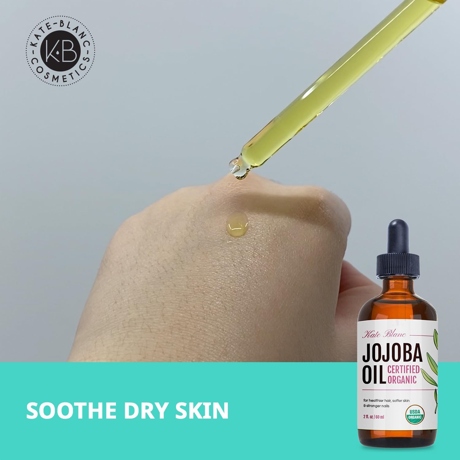 Kate Blanc Jojoba Oil amber glass packaging preserves purity and longevity.
