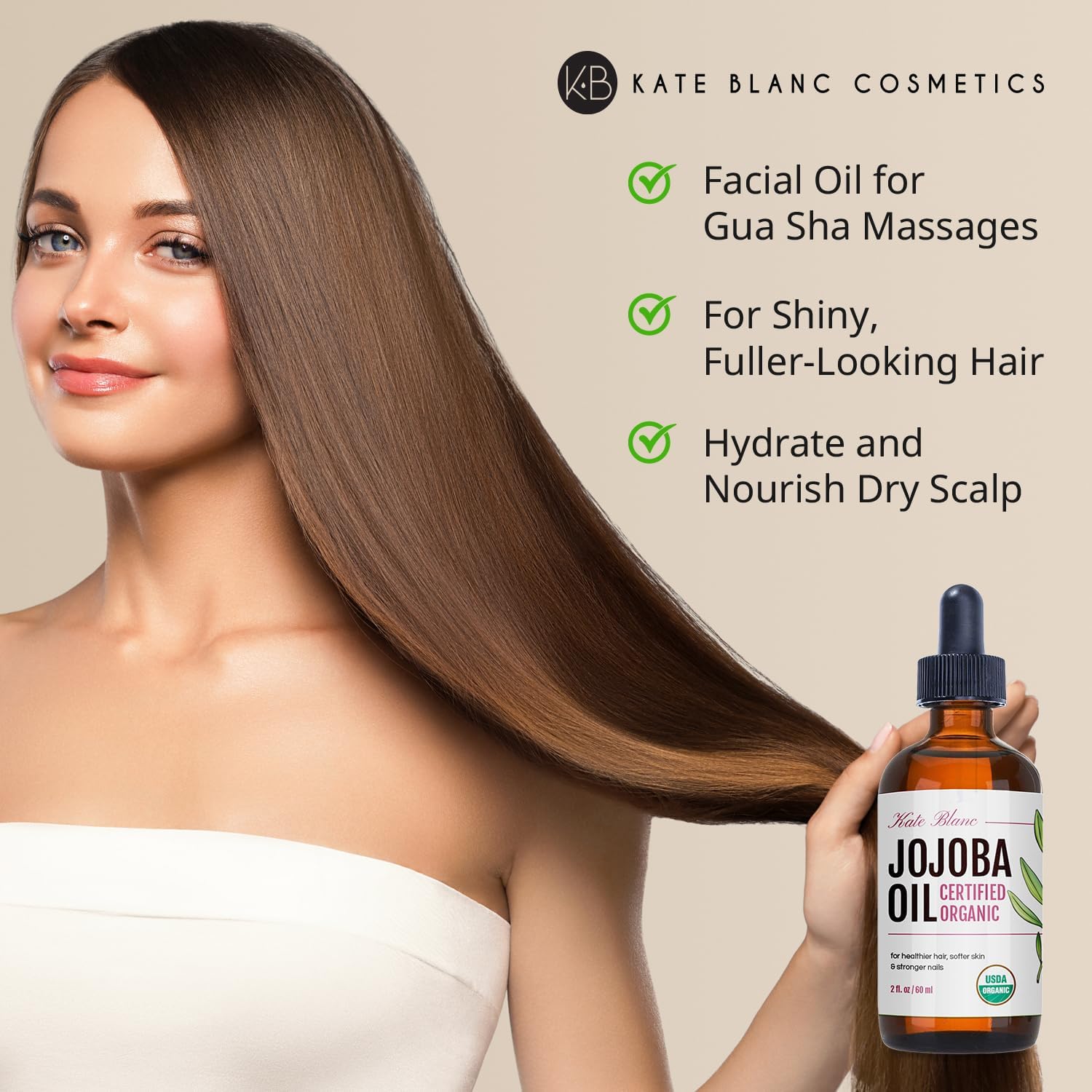 Kate Blanc Jojoba Oil for hair care smoothing frizz and shine.