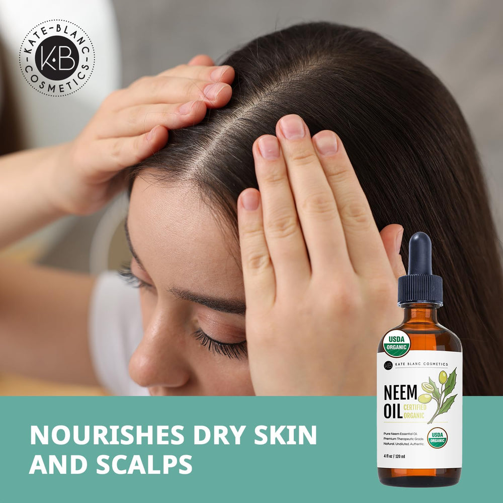 Kate Blanc Neem Oil in hair care routine adds shine and manageability.