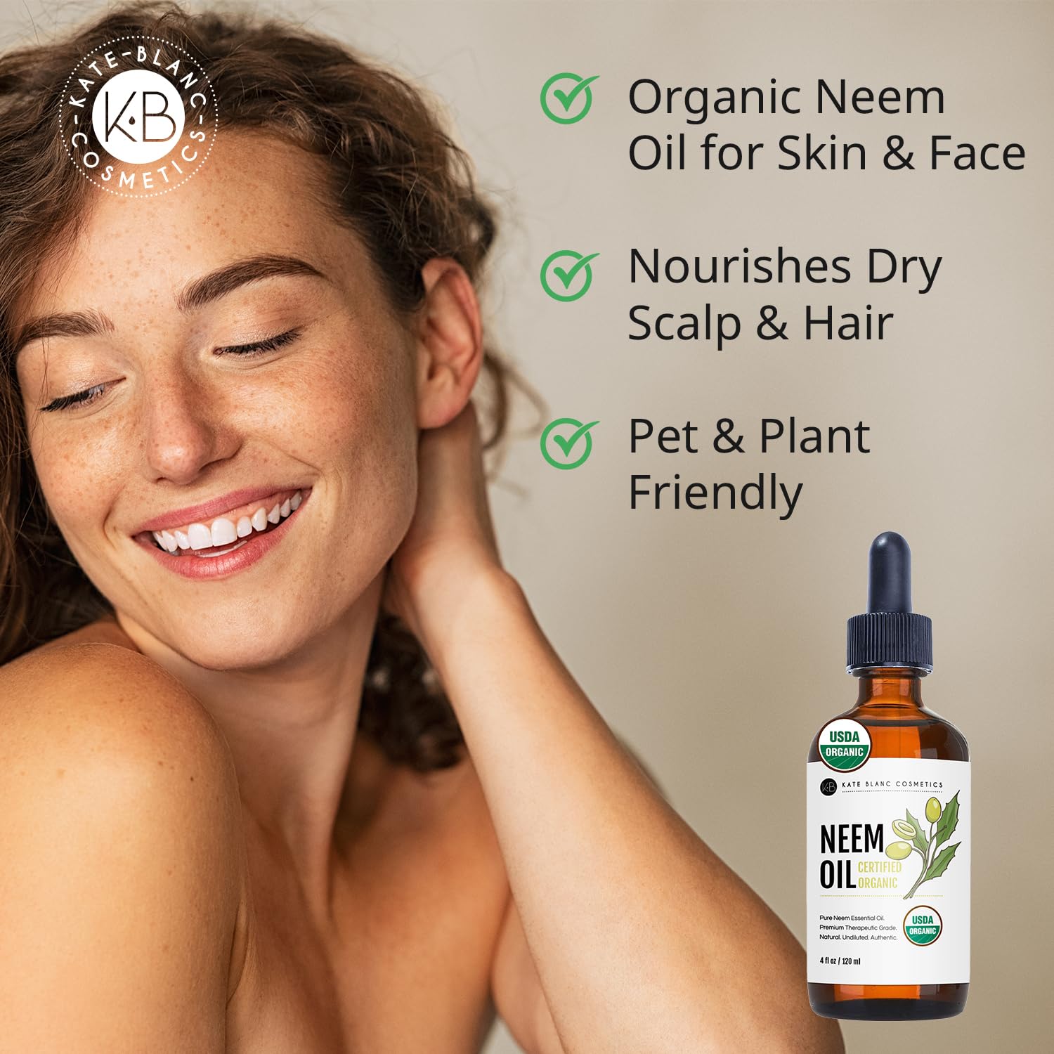Kate Blanc Neem Oil bottle shown for indoor plants, helping keep greenery vibrant.