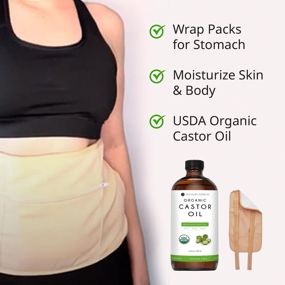 Kate Blanc Organic Castor Oil 16oz bottle protects potency and supports skin hydration.