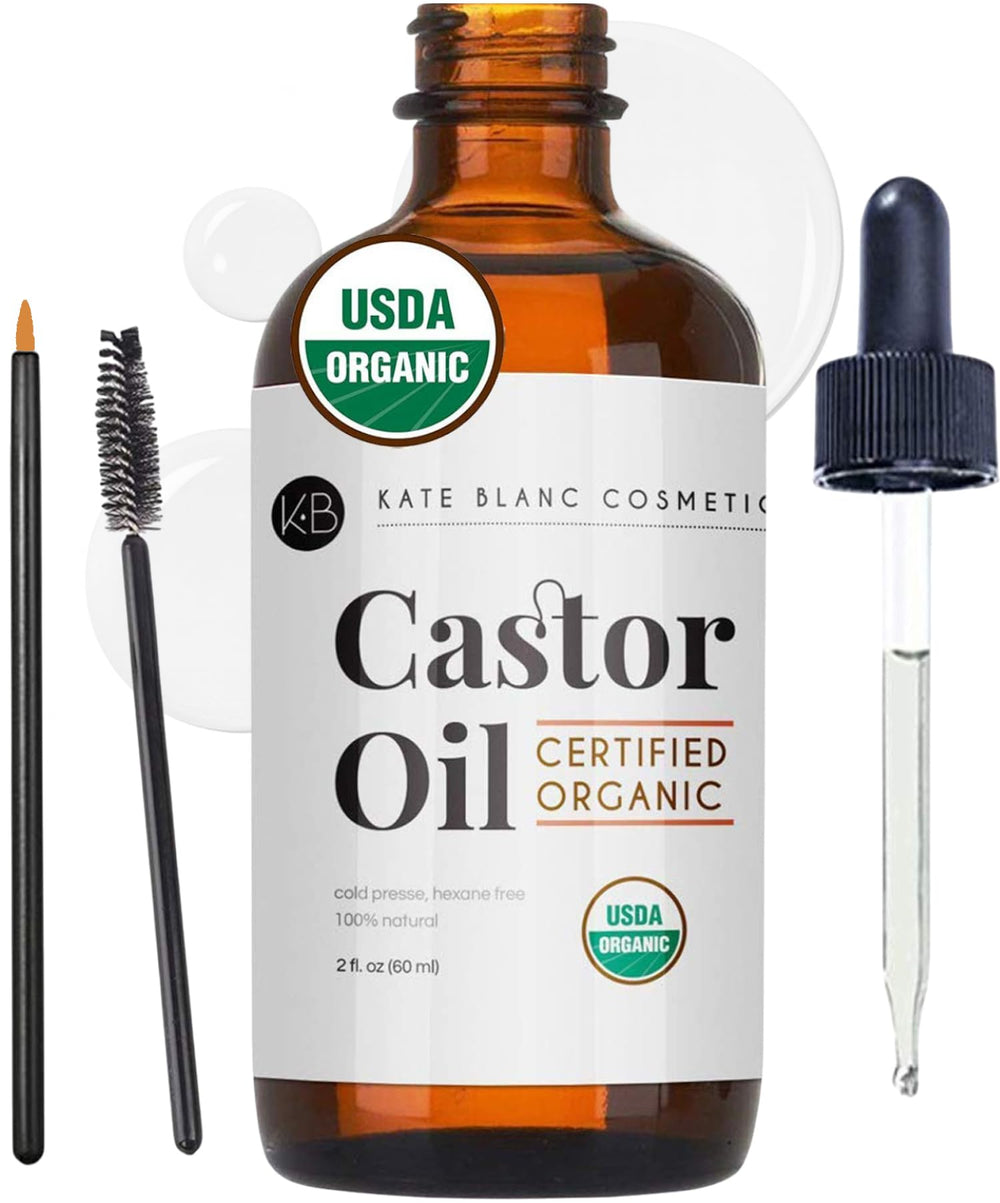 Kate Blanc Cosmetics organic castor oil bottle with dropper for daily conditioning.