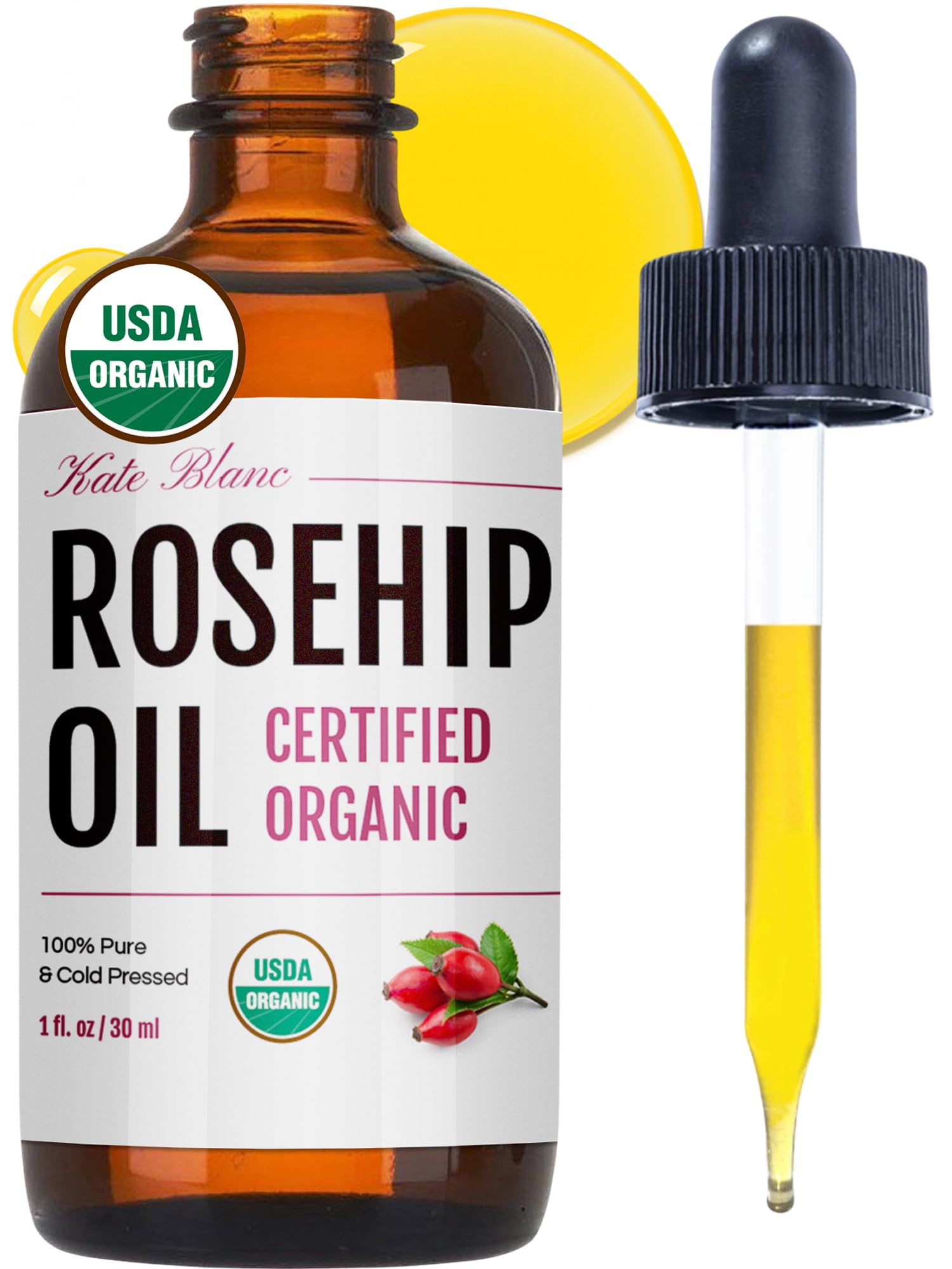 Kate Blanc Rosehip Oil bottle close-up for hydrated, glowing skin.