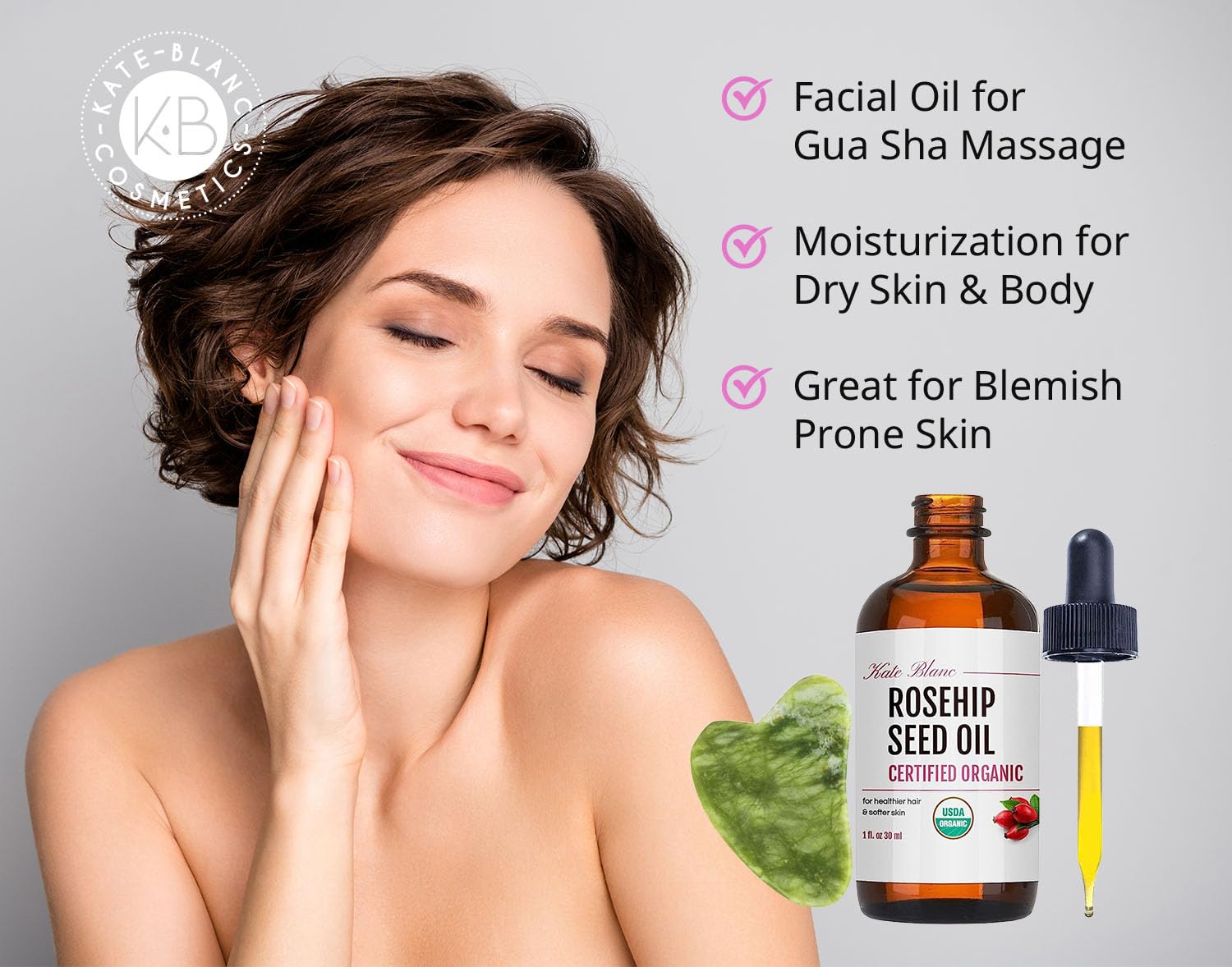 Kate Blanc rosehip oil bottle showing pure hydration and quick absorption