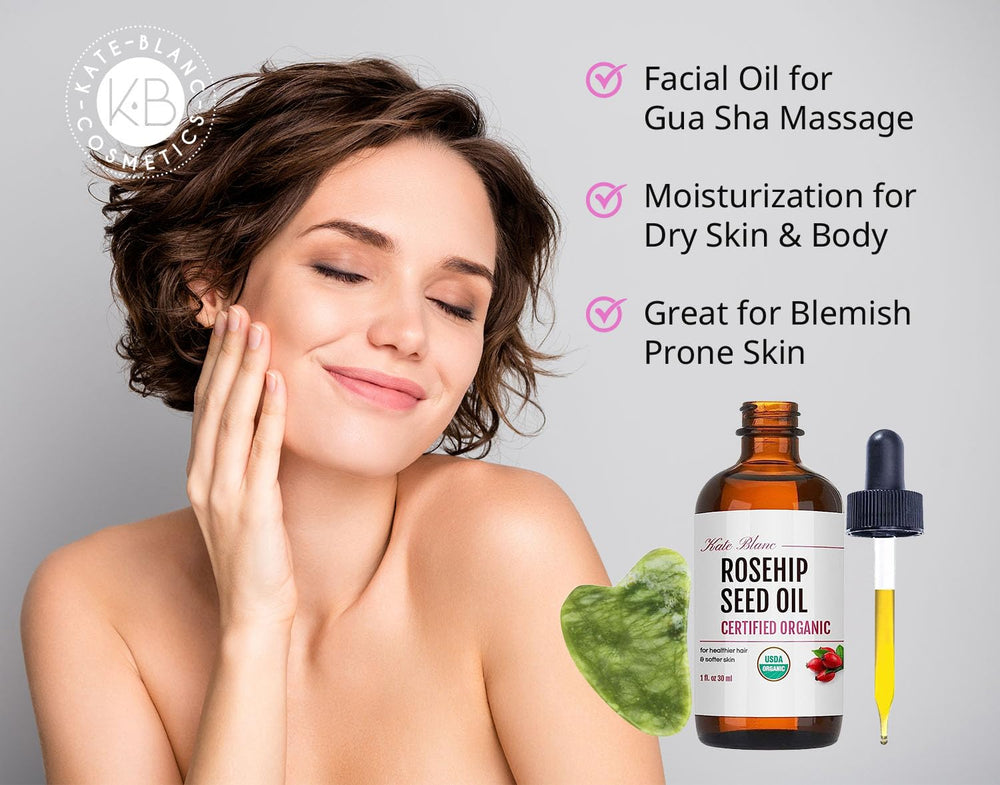 Kate Blanc rosehip oil bottle showing pure hydration and quick absorption