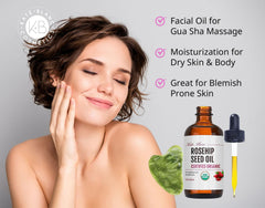 Kate Blanc rosehip oil bottle showing pure hydration and quick absorption