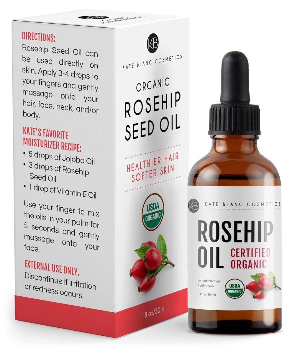 Kate Blanc Rosehip Oil bottle with dropper for precise, mess-free application.