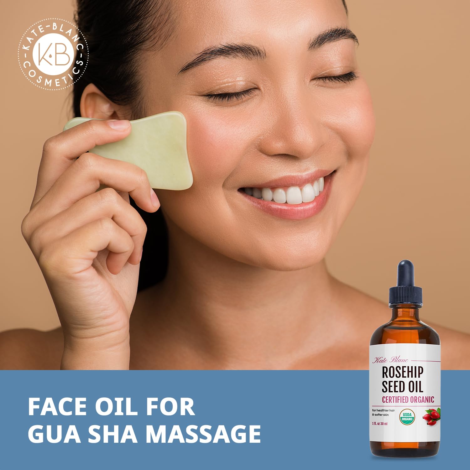 Kate Blanc Rosehip Oil applied to clean face for quick absorption.