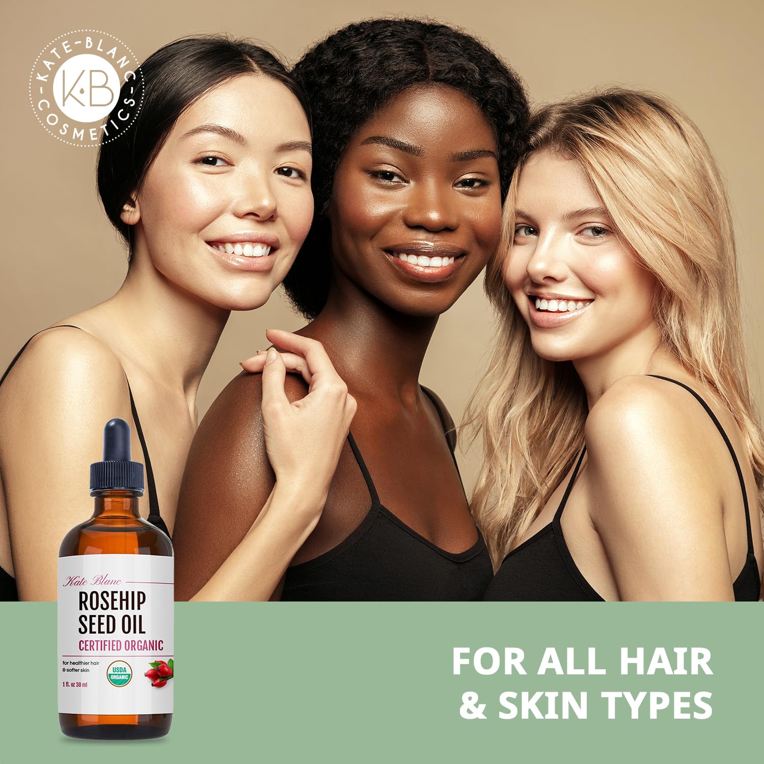 Kate Blanc Rosehip Oil used on hair ends for shine.