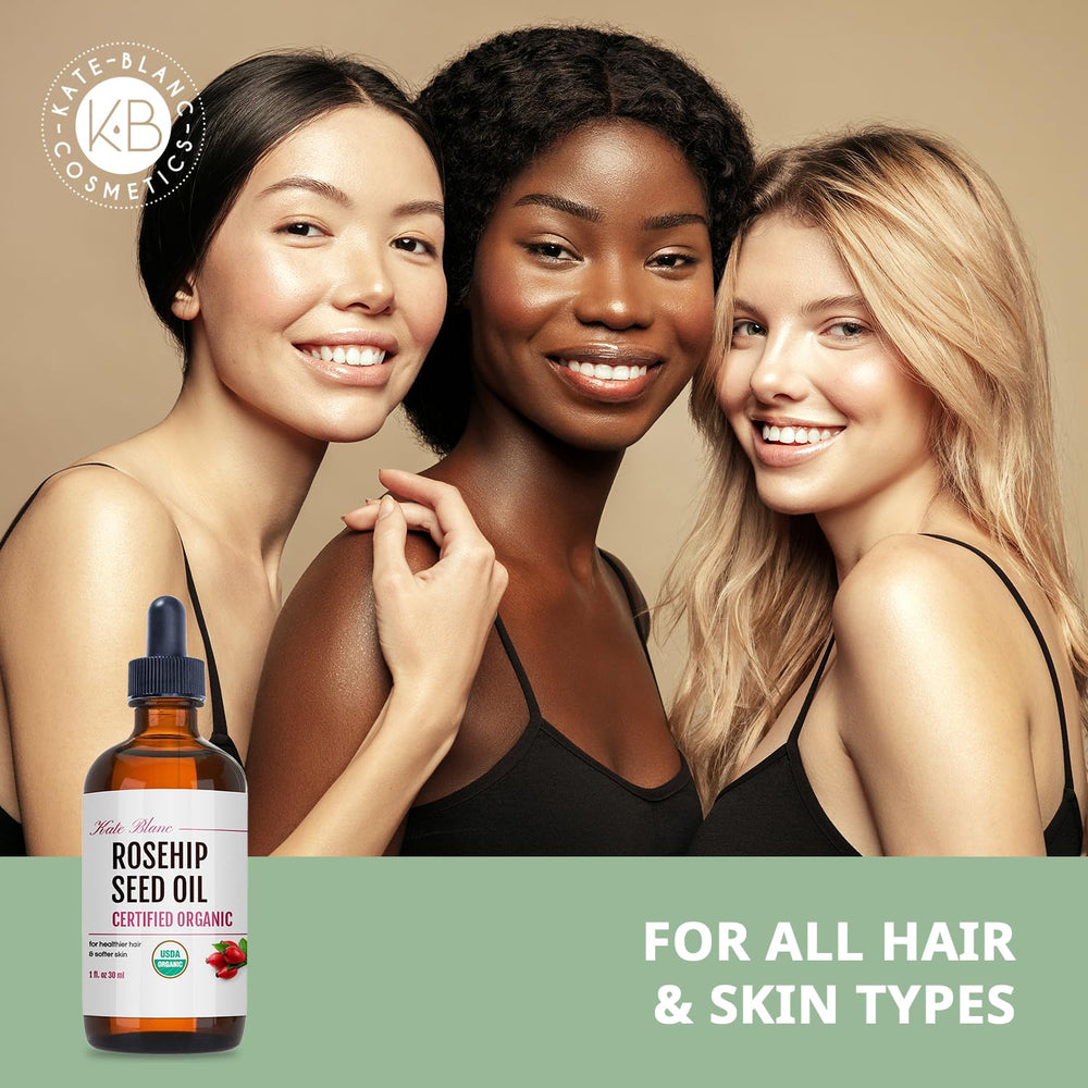 Kate Blanc Rosehip Oil used on hair ends for shine.