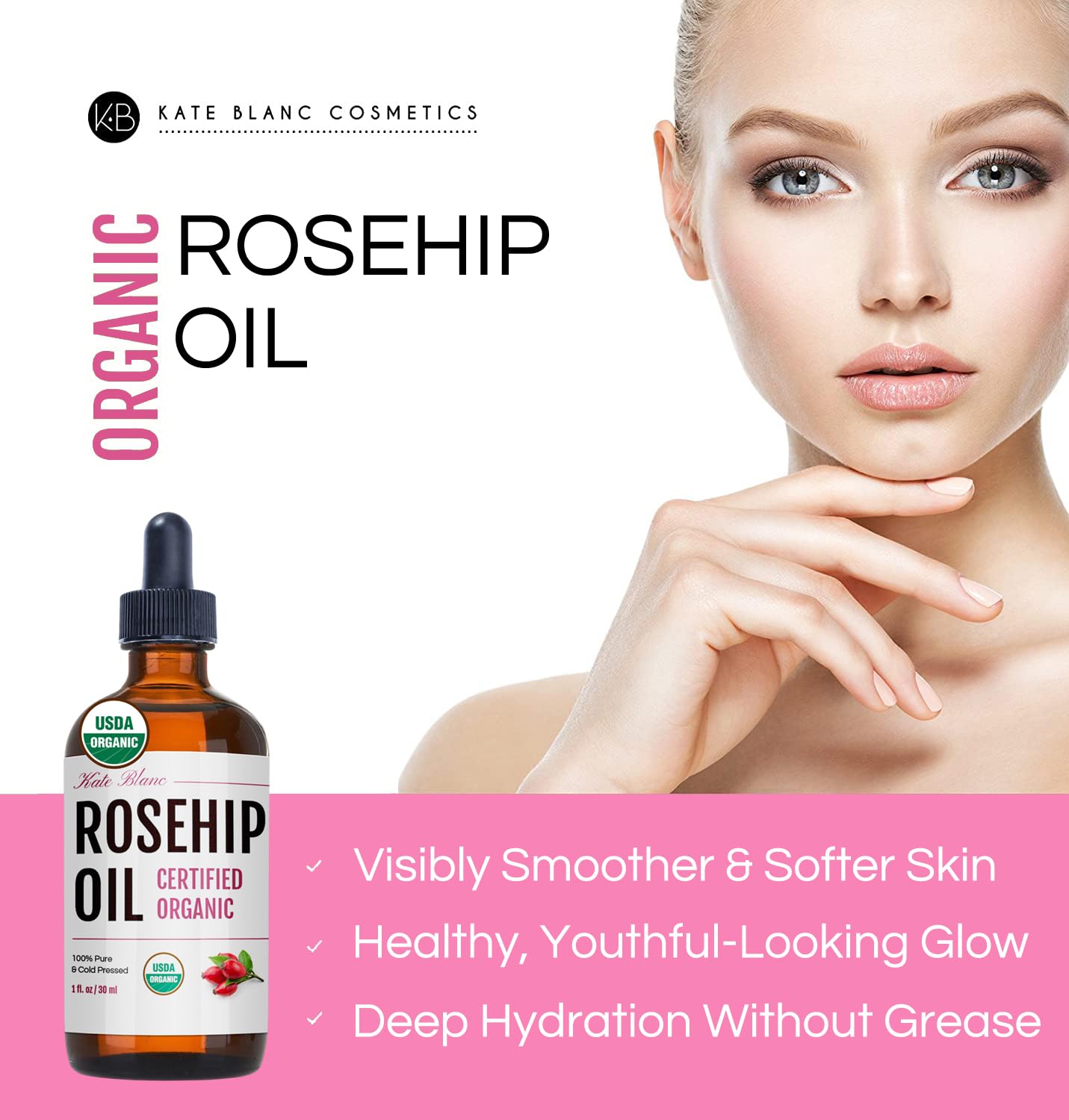 Kate Blanc Rosehip Oil texture close-up showing lightweight, non-greasy finish.