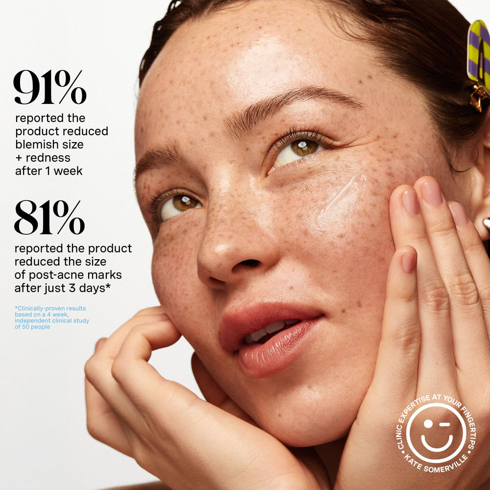 Applying EradiKate gel on the cheek during a nighttime routine.