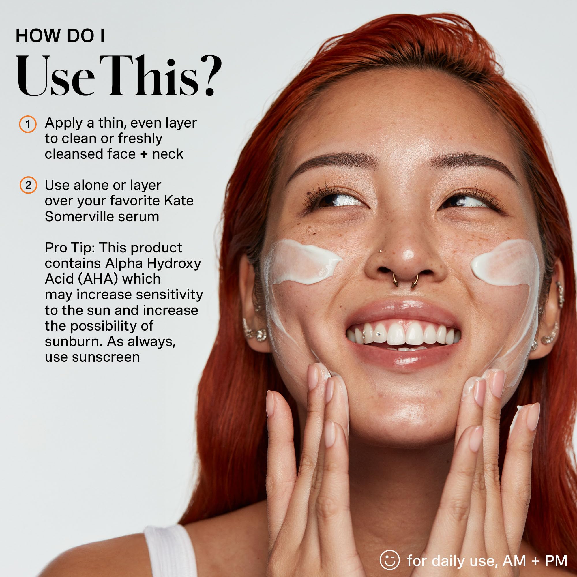 Face and neck application of Kate Somerville Glow Moisturizer in daily routine