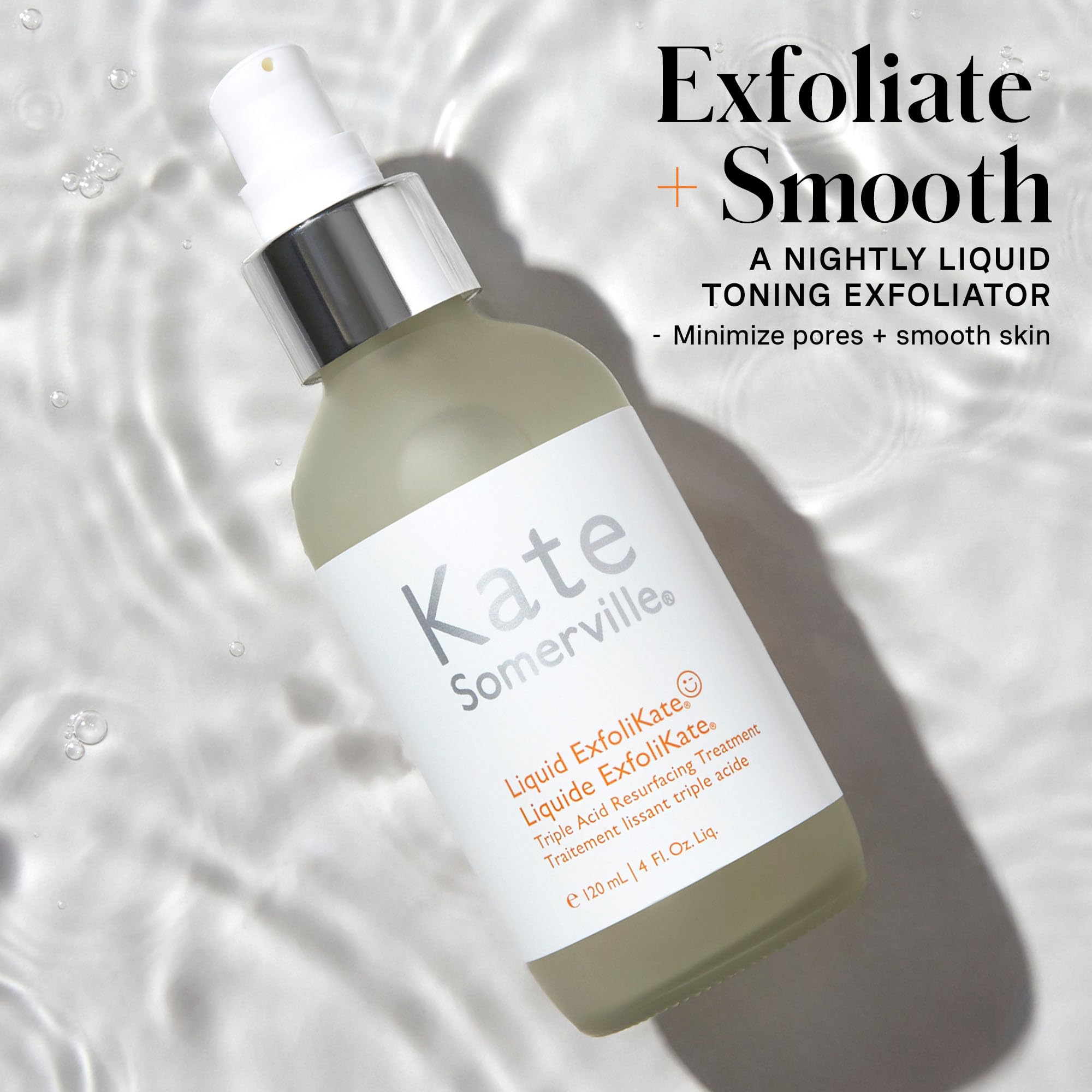 Nightly routine scene with Kate Somerville Liquid ExfoliKate for pore minimization and glow.